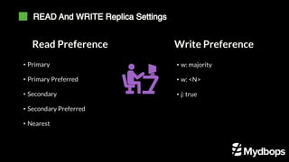 READ And WRITE Replica Settings
Read Preference
• Primary
• Primary Preferred
• Secondary
• Secondary Preferred
• Nearest
Write Preference
• w: majority
• w: <N>
• j: true
 