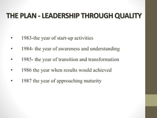 THE PLAN - LEADERSHIP THROUGH QUALITY
• 1983-the year of start-up activities
• 1984- the year of awareness and understanding
• 1985- the year of transition and transformation
• 1986 the year when results would achieved
• 1987 the year of approaching maturity
 