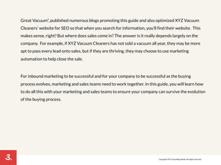 3. 
Great Vacuum”, published numerous blogs promoting this guide and also optimized XYZ Vacuum 
Cleaners’ website for SEO so that when you search for information, you’ll find their website. This 
makes sense, right? But where does sales come in? The answer is it really depends largely on the 
company. For example, if XYZ Vacuum Cleaners has not sold a vacuum all year, they may be more 
apt to pass every lead onto sales, but if they are thriving, they may choose to use marketing 
automation to help close the sale. 
For inbound marketing to be successful and for your company to be successful as the buying 
process evolves, marketing and sales teams need to work together. In this guide, you will learn how 
to do all this with your marketing and sales teams to ensure your company can survive the evolution 
of the buying process. 
Copyright 2014. SmartBug Media. All rights reserved. 
 