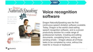 © 2015 Nuance Communications, Inc. All rights reserved. 10
Dragon NaturallySpeaking was the first
continuous speech dictation software available.
Today, Dragon is the world’s best-selling
speech recognition software, and is a proven
productivity solution for a wide range of
professional markets. Creating and editing
documents, completing forms, writing and
sending emails – Dragon allows all of these
tasks to be completed by voice, without the
need for a mouse or keyboard.
Voice recognition
software
1997
 