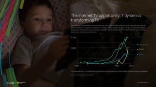 The internet TV opportunity: 7 dynamics
transforming TV
The TV industry is transforming to meet the opportunity that the internet offers. While it is still early days, the impact that the
internet is having on TV appears to be additive as TV dollars continue to grow. The stakes are high, but so are the rewards to
programmers and distributors who successfully navigate the internet transformation of TV. We’ve identified seven TV market
dynamics that are in active transformation:
TV
Newspaper
Digital
Radio
$70B
$40B
1900 1993 2013
The continued growth in TV and Digital show that advertisers and media agencies are looking at these channels to drive brand engagement.
Source: Luma Partner, May, 2014, Future of (Digital) TV
thinkwithgoogle.com 9
 