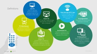 Definitions
Linear TV:
A predictable schedule of
television programming that
works like a television channel
and streams throughout the day.
TV programmer:
The owner of one or more
television channels.
On-Demand TV:
Television programs that
stream on demand at the
request of the viewer.
Smart TV:
A TV set with media storage
and internet connectivity
like a computer.
Over-the-top (OTT) box:
A device through which
television services are
delivered over the
internet.
Live TV:
A live or near-live
stream of television
programming such as
live sports or live news.
TV Everywhere:
When distributors extend
access to their TV content
over the internet to existing
customers.
TV distributor:
A service provider
that delivers television
channels to viewers.
thinkwithgoogle.com 3
 