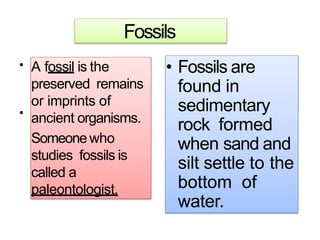 Fossils
• A fossil is the
preserved remains
or imprints of
ancient organisms.
Someone who
studies fossils is
called a
paleontologist.
•
• Fossils are
found in
sedimentary
rock formed
when sand and
silt settle to the
bottom of
water.
 