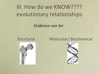 III. How do we KNOW????
evolutionary relationships
Evidence can be:
Structural Molecular/ Biochemical
 