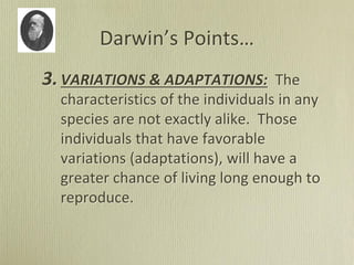 Darwin’s Points…
3.VARIATIONS & ADAPTATIONS: The
characteristics of the individuals in any
species are not exactly alike. Those
individuals that have favorable
variations (adaptations), will have a
greater chance of living long enough to
reproduce.
 