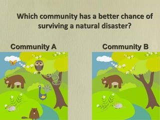 Which community has a better chance of
surviving a natural disaster?
Community A Community B
 