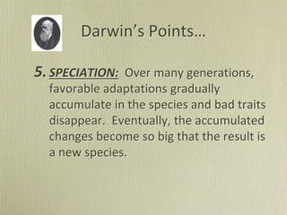 Darwin’s Points…
5.SPECIATION: Over many generations,
favorable adaptations gradually
accumulate in the species and bad traits
disappear. Eventually, the accumulated
changes become so big that the result is
a new species.
 