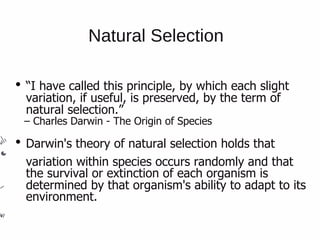 Natural Selection
“I have called this principle, by which each slight
variation, if useful, is preserved, by the term of
natural selection.”
– Charles Darwin - The Origin of Species
Darwin's theory of natural selection holds that
variation within species occurs randomly and that
the survival or extinction of each organism is
determined by that organism's ability to adapt to its
environment.
 