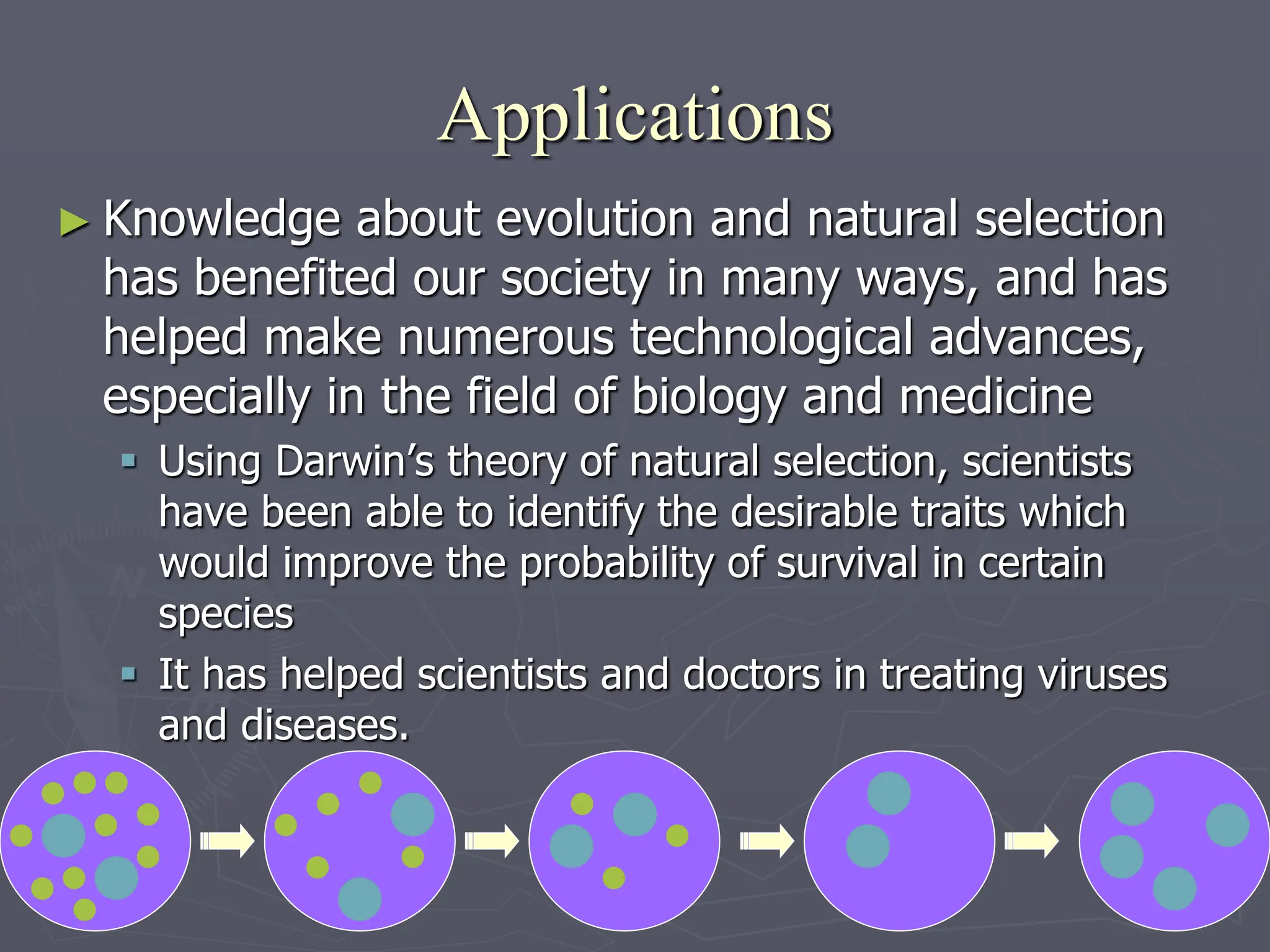 Applications
► Knowledge about evolution and natural selection
has benefited our society in many ways, and has
helped make numerous technological advances,
especially in the field of biology and medicine
 Using Darwin’s theory of natural selection, scientists
have been able to identify the desirable traits which
would improve the probability of survival in certain
species
 It has helped scientists and doctors in treating viruses
and diseases.
 