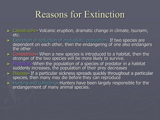 ► Catastrophe- Volcanic eruption, dramatic change in climate, tsunami,
etc.
► Extinction or reduction of mutualistic population- If two species are
dependent on each other, then the endangering of one also endangers
the other
► Competition- When a new species is introduced to a habitat, then the
stronger of the two species will be more likely to survive.
► Predators-When the population of a species of predator in a habitat
suddenly increases, the population of their prey decreases
► Disease- If a particular sickness spreads quickly throughout a particular
species, then many may die before they can reproduce
► Hunting and collecting- Hunters have been largely responsible for the
endangerment of many animal species.
Reasons for Extinction
 