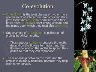Co-evolution
► Co-evolution is the joint change of two or more
species in close interaction. Predators and their
prey sometimes co-evolve; parasites and their
hosts often co-evolve; plant-eating animals and
the plants upon which they feed also co-evolve.
► One example of co-evolution is pollination of
orchids by African moths.
 These species co-evolve because the moths
depend on the flowers for nectar, and the
flowers depend on the moths to spread their
pollen so that they can reproduce.
► The relationship between the moth and the
orchids is mutually beneficial because they help
each other survive.
 