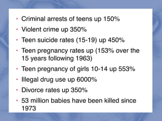 ! Criminal arrests of teens up 150%
! Violent crime up 350%
! Teen suicide rates (15-19) up 450%
! Teen pregnancy rates up (153% over the
15 years following 1963)
! Teen pregnancy of girls 10-14 up 553%
! Illegal drug use up 6000%
! Divorce rates up 350%
! 53 million babies have been killed since
1973
 
