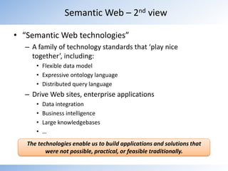 “Semantic Web technologies”<br />A family of technology standards that ‘play nice together’, including:<br />Flexible data...