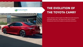 THE EVOLUTION OF
THE TOYOTA CAMRY
Toyota released a vehicle model in the 1980s that would change the
automotive status quo – the Toyota Camry. Here’s a timeline
following the Camry from inception to automotive dominance.
 