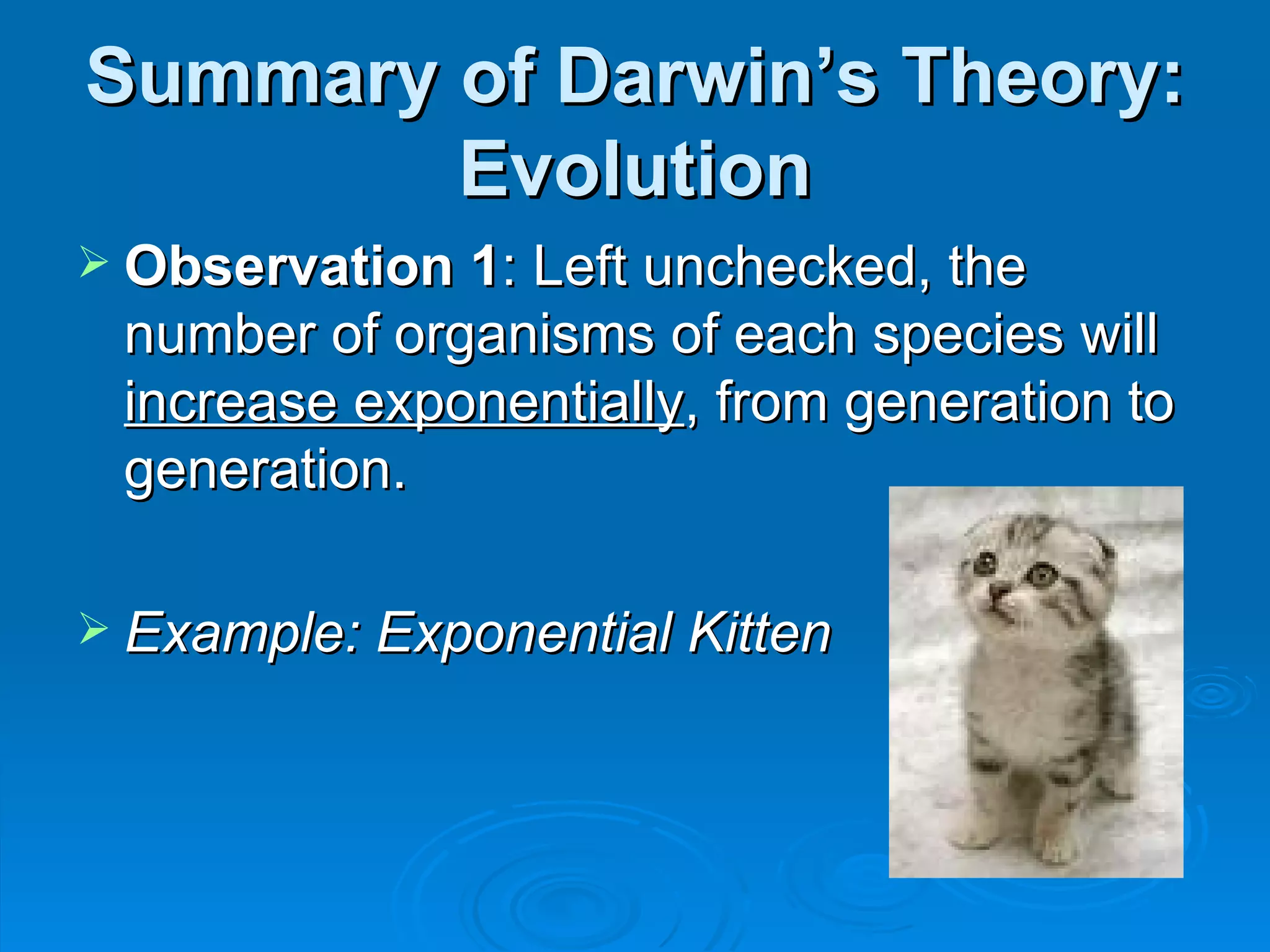 Summary of Darwin’s Theory: Evolution Observation 1 : Left unchecked, the number of organisms of each species will  increase exponentially , from generation to generation.  Example: Exponential Kitten 