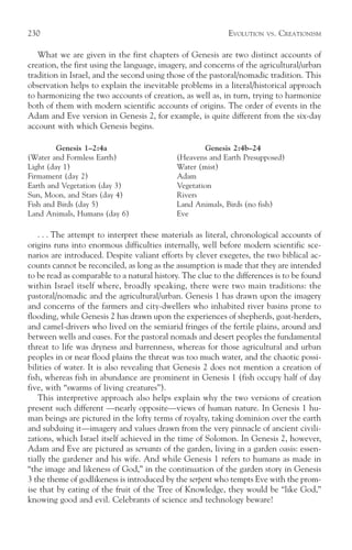 230                                                         EVOLUTION   VS.   CREATIONISM

   What we are given in the first chapters of Genesis are two distinct accounts of
creation, the first using the language, imagery, and concerns of the agricultural/urban
tradition in Israel, and the second using those of the pastoral/nomadic tradition. This
observation helps to explain the inevitable problems in a literal/historical approach
to harmonizing the two accounts of creation, as well as, in turn, trying to harmonize
both of them with modern scientific accounts of origins. The order of events in the
Adam and Eve version in Genesis 2, for example, is quite different from the six-day
account with which Genesis begins.

         Genesis 1–2:4a                               Genesis 2:4b–24
(Water and Formless Earth)                   (Heavens and Earth Presupposed)
Light (day 1)                                Water (mist)
Firmament (day 2)                            Adam
Earth and Vegetation (day 3)                 Vegetation
Sun, Moon, and Stars (day 4)                 Rivers
Fish and Birds (day 5)                       Land Animals, Birds (no fish)
Land Animals, Humans (day 6)                 Eve

   . . . The attempt to interpret these materials as literal, chronological accounts of
origins runs into enormous difficulties internally, well before modern scientific sce-
narios are introduced. Despite valiant efforts by clever exegetes, the two biblical ac-
counts cannot be reconciled, as long as the assumption is made that they are intended
to be read as comparable to a natural history. The clue to the differences is to be found
within Israel itself where, broadly speaking, there were two main traditions: the
pastoral/nomadic and the agricultural/urban. Genesis 1 has drawn upon the imagery
and concerns of the farmers and city-dwellers who inhabited river basins prone to
flooding, while Genesis 2 has drawn upon the experiences of shepherds, goat-herders,
and camel-drivers who lived on the semiarid fringes of the fertile plains, around and
between wells and oases. For the pastoral nomads and desert peoples the fundamental
threat to life was dryness and barrenness, whereas for those agricultural and urban
peoples in or near flood plains the threat was too much water, and the chaotic possi-
bilities of water. It is also revealing that Genesis 2 does not mention a creation of
fish, whereas fish in abundance are prominent in Genesis 1 (fish occupy half of day
five, with “swarms of living creatures”).
   This interpretive approach also helps explain why the two versions of creation
present such different —nearly opposite—views of human nature. In Genesis 1 hu-
man beings are pictured in the lofty terms of royalty, taking dominion over the earth
and subduing it—imagery and values drawn from the very pinnacle of ancient civili-
zations, which Israel itself achieved in the time of Solomon. In Genesis 2, however,
Adam and Eve are pictured as servants of the garden, living in a garden oasis: essen-
tially the gardener and his wife. And while Genesis 1 refers to humans as made in
“the image and likeness of God,” in the continuation of the garden story in Genesis
3 the theme of godlikeness is introduced by the serpent who tempts Eve with the prom-
ise that by eating of the fruit of the Tree of Knowledge, they would be “like God,”
knowing good and evil. Celebrants of science and technology beware!
 