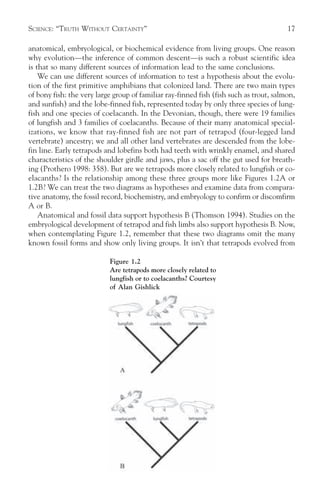 SCIENCE: “TRUTH WITHOUT CERTAINTY”                                                      17

anatomical, embryological, or biochemical evidence from living groups. One reason
why evolution—the inference of common descent—is such a robust scientific idea
is that so many different sources of information lead to the same conclusions.
    We can use different sources of information to test a hypothesis about the evolu-
tion of the first primitive amphibians that colonized land. There are two main types
of bony fish: the very large group of familiar ray-finned fish (fish such as trout, salmon,
and sunfish) and the lobe-finned fish, represented today by only three species of lung-
fish and one species of coelacanth. In the Devonian, though, there were 19 families
of lungfish and 3 families of coelacanths. Because of their many anatomical special-
izations, we know that ray-finned fish are not part of tetrapod (four-legged land
vertebrate) ancestry; we and all other land vertebrates are descended from the lobe-
fin line. Early tetrapods and lobefins both had teeth with wrinkly enamel, and shared
characteristics of the shoulder girdle and jaws, plus a sac off the gut used for breath-
ing (Prothero 1998: 358). But are we tetrapods more closely related to lungfish or co-
elacanths? Is the relationship among these three groups more like Figures 1.2A or
1.2B? We can treat the two diagrams as hypotheses and examine data from compara-
tive anatomy, the fossil record, biochemistry, and embryology to confirm or discomfirm
A or B.
    Anatomical and fossil data support hypothesis B (Thomson 1994). Studies on the
embryological development of tetrapod and fish limbs also support hypothesis B. Now,
when contemplating Figure 1.2, remember that these two diagrams omit the many
known fossil forms and show only living groups. It isn’t that tetrapods evolved from

                           Figure 1.2
                           Are tetrapods more closely related to
                           lungfish or to coelacanths? Courtesy
                           of Alan Gishlick
 