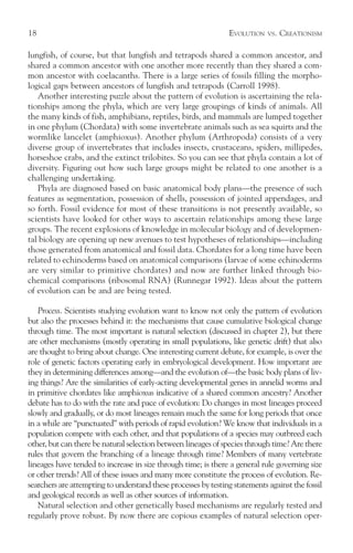 18                                                               EVOLUTION   VS.   CREATIONISM

lungfish, of course, but that lungfish and tetrapods shared a common ancestor, and
shared a common ancestor with one another more recently than they shared a com-
mon ancestor with coelacanths. There is a large series of fossils filling the morpho-
logical gaps between ancestors of lungfish and tetrapods (Carroll 1998).
   Another interesting puzzle about the pattern of evolution is ascertaining the rela-
tionships among the phyla, which are very large groupings of kinds of animals. All
the many kinds of fish, amphibians, reptiles, birds, and mammals are lumped together
in one phylum (Chordata) with some invertebrate animals such as sea squirts and the
wormlike lancelet (amphioxus). Another phylum (Arthropoda) consists of a very
diverse group of invertebrates that includes insects, crustaceans, spiders, millipedes,
horseshoe crabs, and the extinct trilobites. So you can see that phyla contain a lot of
diversity. Figuring out how such large groups might be related to one another is a
challenging undertaking.
   Phyla are diagnosed based on basic anatomical body plans—the presence of such
features as segmentation, possession of shells, possession of jointed appendages, and
so forth. Fossil evidence for most of these transitions is not presently available, so
scientists have looked for other ways to ascertain relationships among these large
groups. The recent explosions of knowledge in molecular biology and of developmen-
tal biology are opening up new avenues to test hypotheses of relationships—including
those generated from anatomical and fossil data. Chordates for a long time have been
related to echinoderms based on anatomical comparisons (larvae of some echinoderms
are very similar to primitive chordates) and now are further linked through bio-
chemical comparisons (ribosomal RNA) (Runnegar 1992). Ideas about the pattern
of evolution can be and are being tested.

   Process. Scientists studying evolution want to know not only the pattern of evolution
but also the processes behind it: the mechanisms that cause cumulative biological change
through time. The most important is natural selection (discussed in chapter 2), but there
are other mechanisms (mostly operating in small populations, like genetic drift) that also
are thought to bring about change. One interesting current debate, for example, is over the
role of genetic factors operating early in embryological development. How important are
they in determining differences among—and the evolution of—the basic body plans of liv-
ing things? Are the similarities of early-acting developmental genes in annelid worms and
in primitive chordates like amphioxus indicative of a shared common ancestry? Another
debate has to do with the rate and pace of evolution: Do changes in most lineages proceed
slowly and gradually, or do most lineages remain much the same for long periods that once
in a while are “punctuated” with periods of rapid evolution? We know that individuals in a
population compete with each other, and that populations of a species may outbreed each
other, but can there be natural selection between lineages of species through time? Are there
rules that govern the branching of a lineage through time? Members of many vertebrate
lineages have tended to increase in size through time; is there a general rule governing size
or other trends? All of these issues and many more constitute the process of evolution. Re-
searchers are attempting to understand these processes by testing statements against the fossil
and geological records as well as other sources of information.
   Natural selection and other genetically based mechanisms are regularly tested and
regularly prove robust. By now there are copious examples of natural selection oper-
 