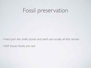 Fossil preservation
•Hard part like shells, bones and teeth are usually all that remain
•Soft tissues fossils are rare
 