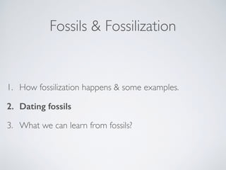 Fossils & Fossilization
1. How fossilization happens & some examples.
2. Dating fossils
3. What we can learn from fossils?
 
