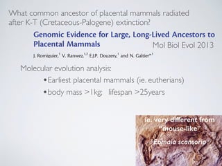 Molecular evolution analysis:
•Earliest placental mammals (ie. eutherians)
•body mass >1kg; lifespan >25years
Genomic Evid...