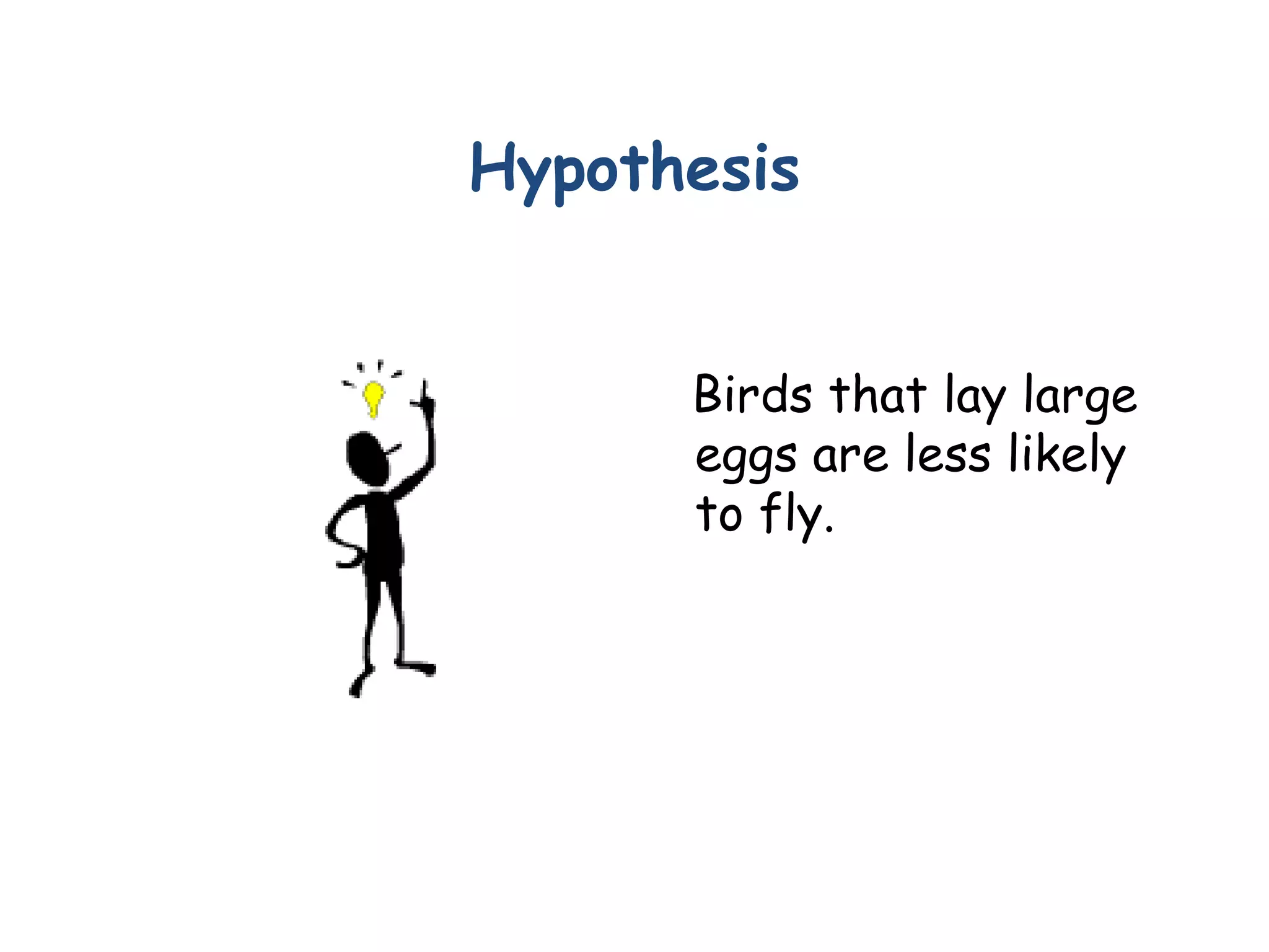 Hypothesis
Birds that lay large
eggs are less likely
to fly.
 