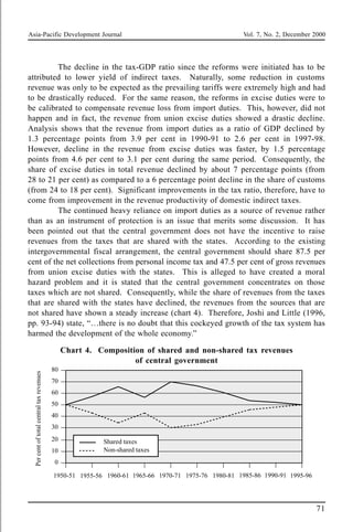 Asia-Pacific Development Journal Vol. 7, No. 2, December 2000
71
1950-51 1955-56 1960-61 1965-66 1970-71 1975-76 1980-81 1985-86 1990-91 1995-96
0
10
20
30
40
50
60
70
80
Per
cent
of
total
central
tax
revenues
Shared taxes
Non-shared taxes
The decline in the tax-GDP ratio since the reforms were initiated has to be
attributed to lower yield of indirect taxes. Naturally, some reduction in customs
revenue was only to be expected as the prevailing tariffs were extremely high and had
to be drastically reduced. For the same reason, the reforms in excise duties were to
be calibrated to compensate revenue loss from import duties. This, however, did not
happen and in fact, the revenue from union excise duties showed a drastic decline.
Analysis shows that the revenue from import duties as a ratio of GDP declined by
1.3 percentage points from 3.9 per cent in 1990-91 to 2.6 per cent in 1997-98.
However, decline in the revenue from excise duties was faster, by 1.5 percentage
points from 4.6 per cent to 3.1 per cent during the same period. Consequently, the
share of excise duties in total revenue declined by about 7 percentage points (from
28 to 21 per cent) as compared to a 6 percentage point decline in the share of customs
(from 24 to 18 per cent). Significant improvements in the tax ratio, therefore, have to
come from improvement in the revenue productivity of domestic indirect taxes.
The continued heavy reliance on import duties as a source of revenue rather
than as an instrument of protection is an issue that merits some discussion. It has
been pointed out that the central government does not have the incentive to raise
revenues from the taxes that are shared with the states. According to the existing
intergovernmental fiscal arrangement, the central government should share 87.5 per
cent of the net collections from personal income tax and 47.5 per cent of gross revenues
from union excise duties with the states. This is alleged to have created a moral
hazard problem and it is stated that the central government concentrates on those
taxes which are not shared. Consequently, while the share of revenues from the taxes
that are shared with the states have declined, the revenues from the sources that are
not shared have shown a steady increase (chart 4). Therefore, Joshi and Little (1996,
pp. 93-94) state, “…there is no doubt that this cockeyed growth of the tax system has
harmed the development of the whole economy.”
Chart 4. Composition of shared and non-shared tax revenues
of central government
 