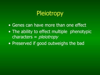 Pleiotropy Genes can have more than one effect The ability to effect multiple  phenotypic characters =  pleiotropy Preserved if good outweighs the bad 
