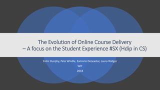 The Evolution of Online Course Delivery
– A focus on the Student Experience #SX (Hdip in CS)
Colm Dunphy, Pete Windle, Eamonn DeLeastar, Laura Widger
WIT
2018
 