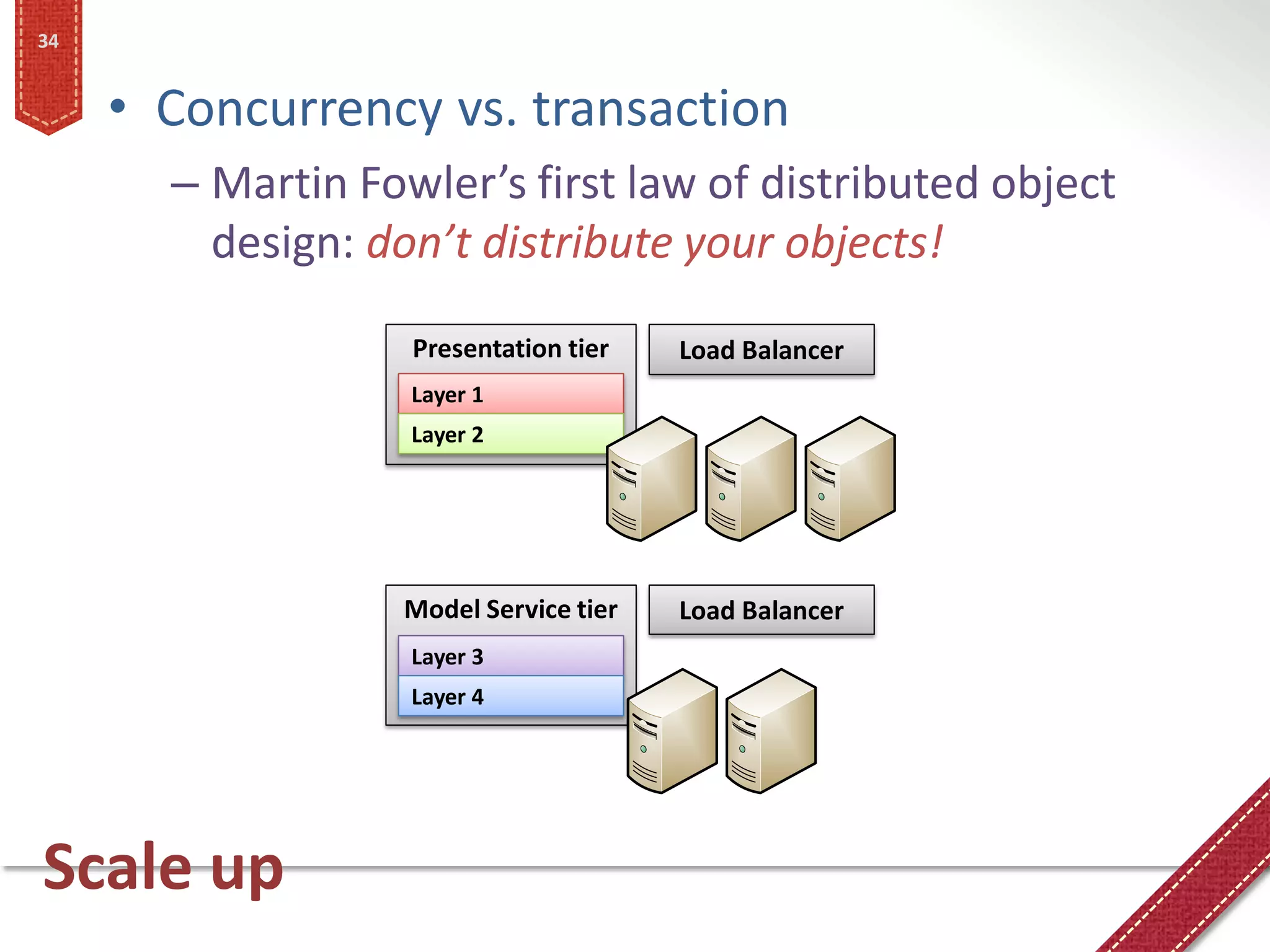 34


     • Concurrency vs. transaction
       – Martin Fowler’s first law of distributed object
         design: don’t distribute your objects!

                   Presentation tier    Load Balancer
                   Layer 1
                   Layer 2




                   Model Service tier   Load Balancer
                   Layer 3
                   Layer 4




Scale up
 