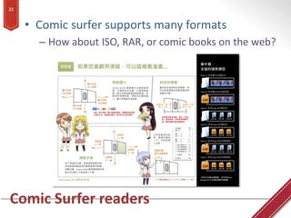 22


     • Comic surfer supports many formats
       – How about ISO, RAR, or comic books on the web?




Comic Surfer re...