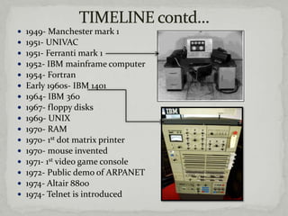    1949- Manchester mark 1
   1951- UNIVAC
   1951- Ferranti mark 1
   1952- IBM mainframe computer
   1954- Fortran
   Early 1960s- IBM 1401
   1964- IBM 360
   1967- floppy disks
   1969- UNIX
   1970- RAM
   1970- 1st dot matrix printer
   1970- mouse invented
   1971- 1st video game console
   1972- Public demo of ARPANET
   1974- Altair 8800
   1974- Telnet is introduced
 