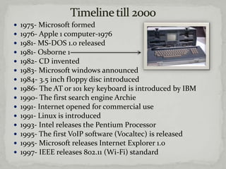    1975- Microsoft formed
   1976- Apple 1 computer-1976
   1981- MS-DOS 1.0 released
   1981- Osborne 1
   1982- CD invented
   1983- Microsoft windows announced
   1984- 3.5 inch floppy disc introduced
   1986- The AT or 101 key keyboard is introduced by IBM
   1990- The first search engine Archie
   1991- Internet opened for commercial use
   1991- Linux is introduced
   1993- Intel releases the Pentium Processor
   1995- The first VoIP software (Vocaltec) is released
   1995- Microsoft releases Internet Explorer 1.0
   1997- IEEE releases 802.11 (Wi-Fi) standard
 