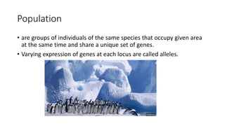 Population
• are groups of individuals of the same species that occupy given area
at the same time and share a unique set of genes.
• Varying expression of genes at each locus are called alleles.
 