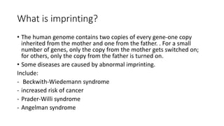 What is imprinting?
• The human genome contains two copies of every gene-one copy
inherited from the mother and one from the father. . For a small
number of genes, only the copy from the mother gets switched on;
for others, only the copy from the father is turned on.
• Some diseases are caused by abnormal imprinting.
Include:
- Beckwith-Wiedemann syndrome
- increased risk of cancer
- Prader-Willi syndrome
- Angelman syndrome
 