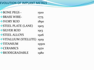 EVOLUTION OF IMPLANT METALS
BONE PEGS - 1500
BRASS WIRE- 1775
IVORY ROD 1890
STEEL PLATE (LANE) 1905
SILVER ROD 1913
STEEL ALLOYS 1926
VITALLIUM (STELLITE) 1929
TITANIUM 1950s
CERAMICS 1970
BIODEGRADABLE 1980
 