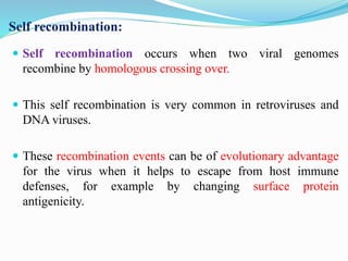 Self recombination:
 Self recombination occurs when two viral genomes
recombine by homologous crossing over.
 This self recombination is very common in retroviruses and
DNA viruses.
 These recombination events can be of evolutionary advantage
for the virus when it helps to escape from host immune
defenses, for example by changing surface protein
antigenicity.
 