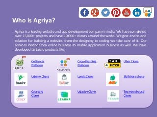 Agriya is a leading website and app development company in india. We have completed
over 15,000+ projects and have 10,000+ clients around the world. We give end to end
solution for building a website, from the designing to coding we take care of it. Our
services extend from online business to mobile application business as well. We have
developed fantastic products like,
Getlancer
Platform
Crowdfunding
Platform
Uber Clone
Udemy Clone Lynda Clone Skillshare clone
Coursera
Clone
Udacity Clone Teamtreehouse
Clone
Who is Agriya?
 