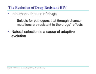 The Evolution of Drug-Resistant HIV	

•  In humans, the use of drugs
–  Selects for pathogens that through chance
mutations are resistant to the drugs’ effects

•  Natural selection is a cause of adaptive
evolution

Copyright © 2005 Pearson Education, Inc. publishing as Benjamin Cummings

 