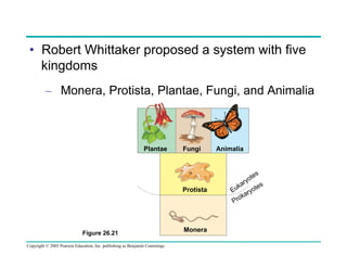 •  Robert Whittaker proposed a system with five
kingdoms
–  Monera, Protista, Plantae, Fungi, and Animalia

Plantae

Fungi

Protista

Figure 26.21
Copyright © 2005 Pearson Education, Inc. publishing as Benjamin Cummings

Monera

Animalia

 