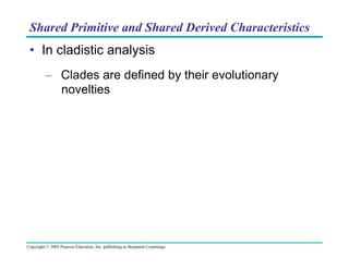 Shared Primitive and Shared Derived Characteristics

•  In cladistic analysis
–  Clades are defined by their evolutionary
novelties

Copyright © 2005 Pearson Education, Inc. publishing as Benjamin Cummings

 