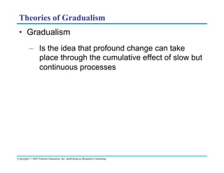 Theories of Gradualism
•  Gradualism
–  Is the idea that profound change can take
place through the cumulative effect of slow but
continuous processes

Copyright © 2005 Pearson Education, Inc. publishing as Benjamin Cummings

 