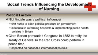 Social Trends Influencing the Development
of Nursing
Political Factors
Nightingale was a political influencer
 first nurse to exert political pressure on government
 influential in reforming hospitals & implementing public health
policies in Britain
Clara Barton persuaded Congress in 1882 to ratify the
Treaty of Geneva so the Red Cross could perform in
peace time
 impacted on national & international policies
 