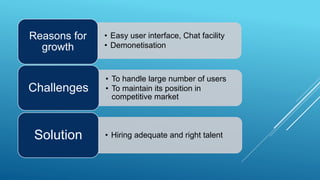 • Easy user interface, Chat facility
• Demonetisation
Reasons for
growth
• To handle large number of users
• To maintain its position in
competitive market
Challenges
• Hiring adequate and right talentSolution
 