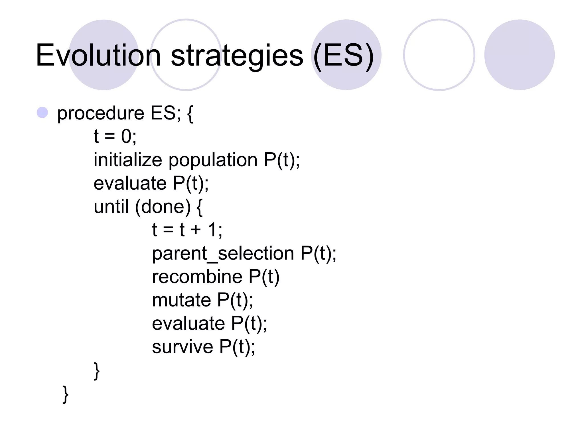 Evolution strategies (ES)
 procedure ES; {
t = 0;
initialize population P(t);
evaluate P(t);
until (done) {
t = t + 1;
parent_selection P(t);
recombine P(t)
mutate P(t);
evaluate P(t);
survive P(t);
}
}
 