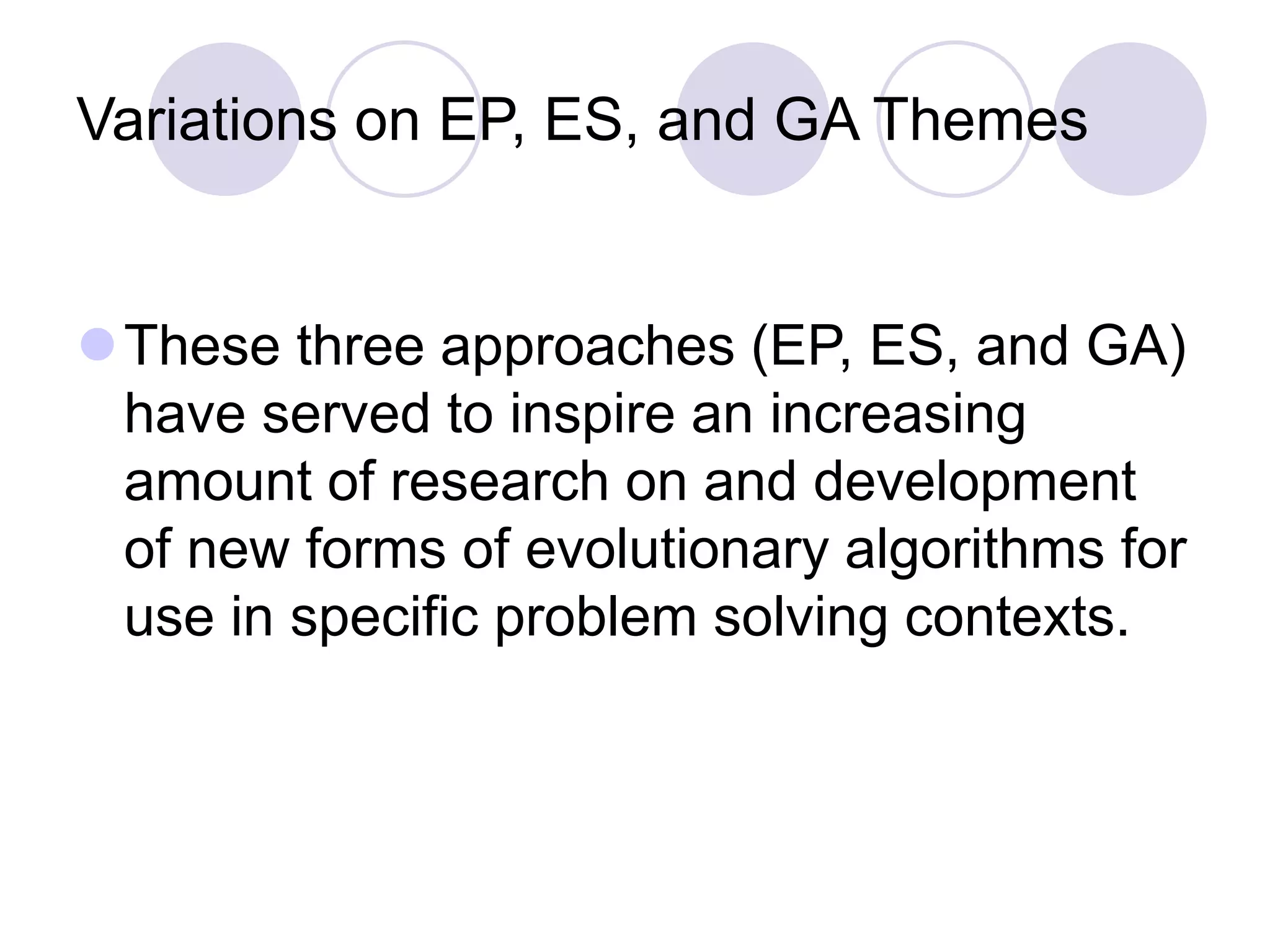 Variations on EP, ES, and GA Themes
These three approaches (EP, ES, and GA)
have served to inspire an increasing
amount of research on and development
of new forms of evolutionary algorithms for
use in specific problem solving contexts.
 