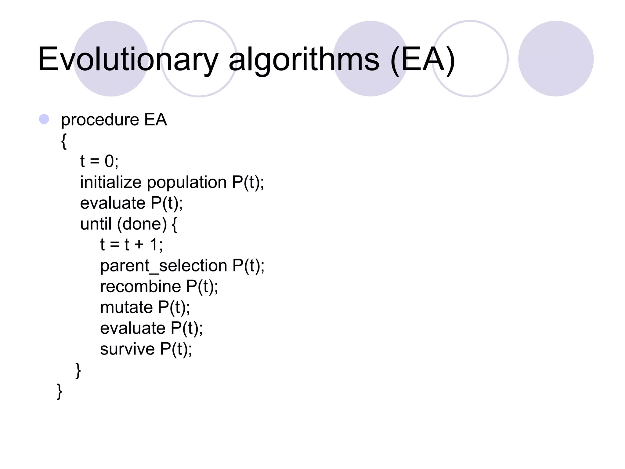 Evolutionary algorithms (EA)
 procedure EA
{
t = 0;
initialize population P(t);
evaluate P(t);
until (done) {
t = t + 1;
parent_selection P(t);
recombine P(t);
mutate P(t);
evaluate P(t);
survive P(t);
}
}
 