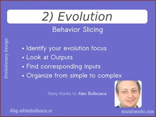 2) Evolution
Behavior Slicing
● Identify your evolution focus
● Look at Outputs
● Find corresponding inputs
● Organize from simple to complex
Many thanks to Alex Bolboaca
 