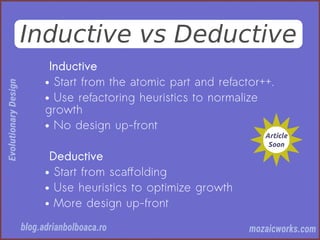 Inductive vs Deductive
Inductive
● Start from the atomic part and refactor++.
● Use refactoring heuristics to normalize
growth
● No design up-front
Deductive
● Start from scafolding
● Use heuristics to optimize growth
● More design up-front
 